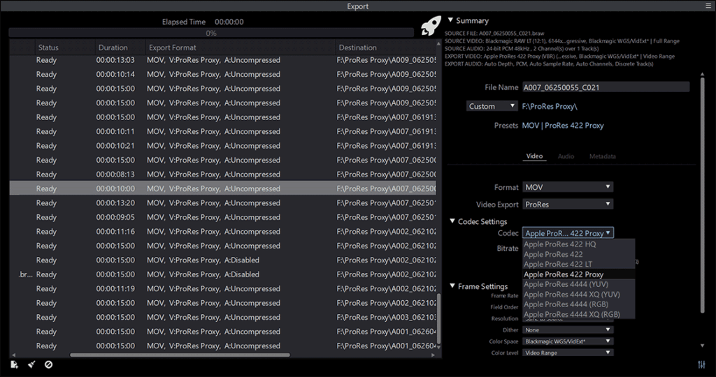 Tin Man Batch Export Panel - showing had to export multiple RAW files to ProRes Proxy MOV files