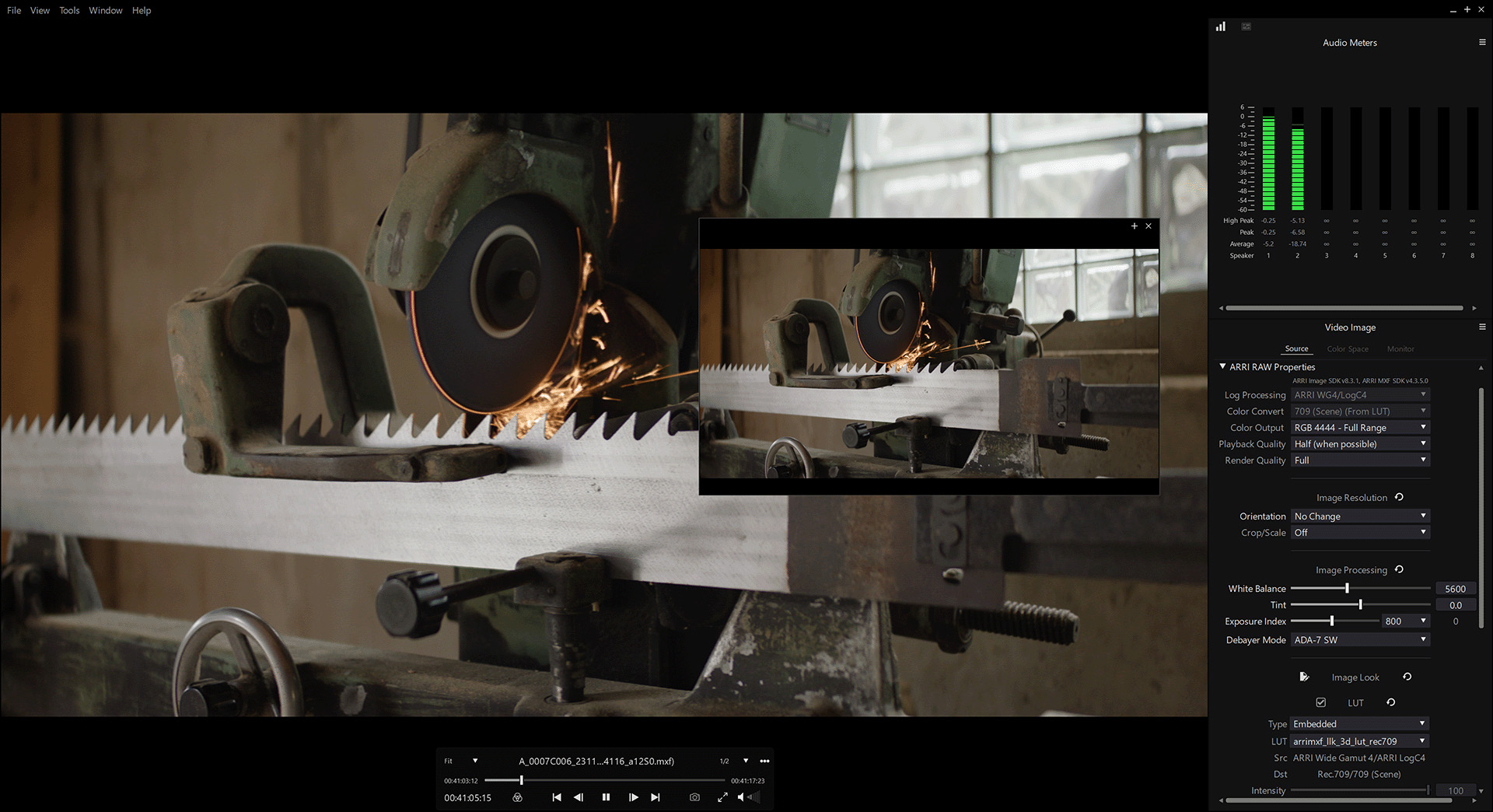 Tin Man - Playing ARRIRAW file with ARRIRAW Color Correction Panel and Audio Meters Panel