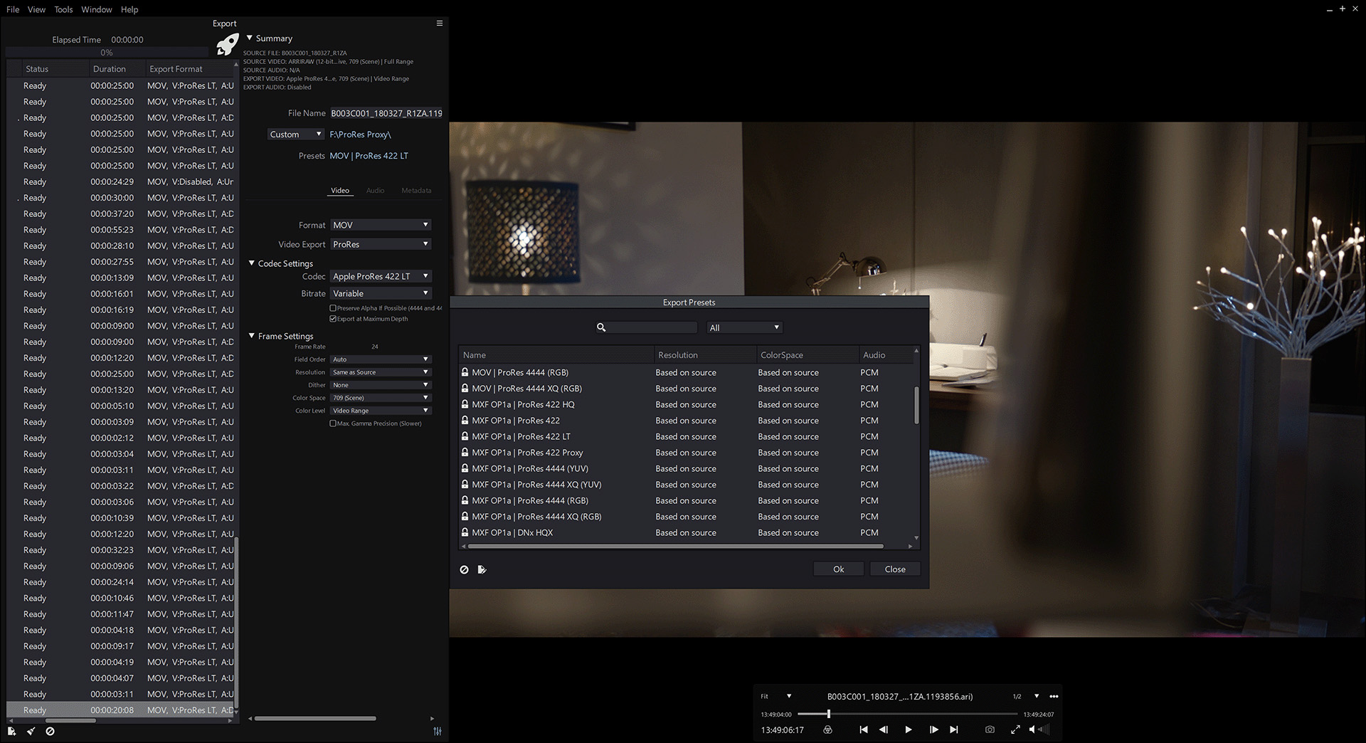 Tin Man Batch Export Panel with the Export Preset Window open to select an export preset